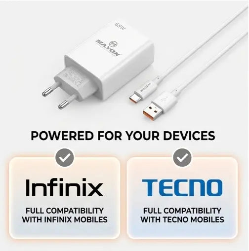 T - 600 68W All - Round Fast Charger (Type - C Cable Included | Infinix & Tecno Optimized) - Urban Gear